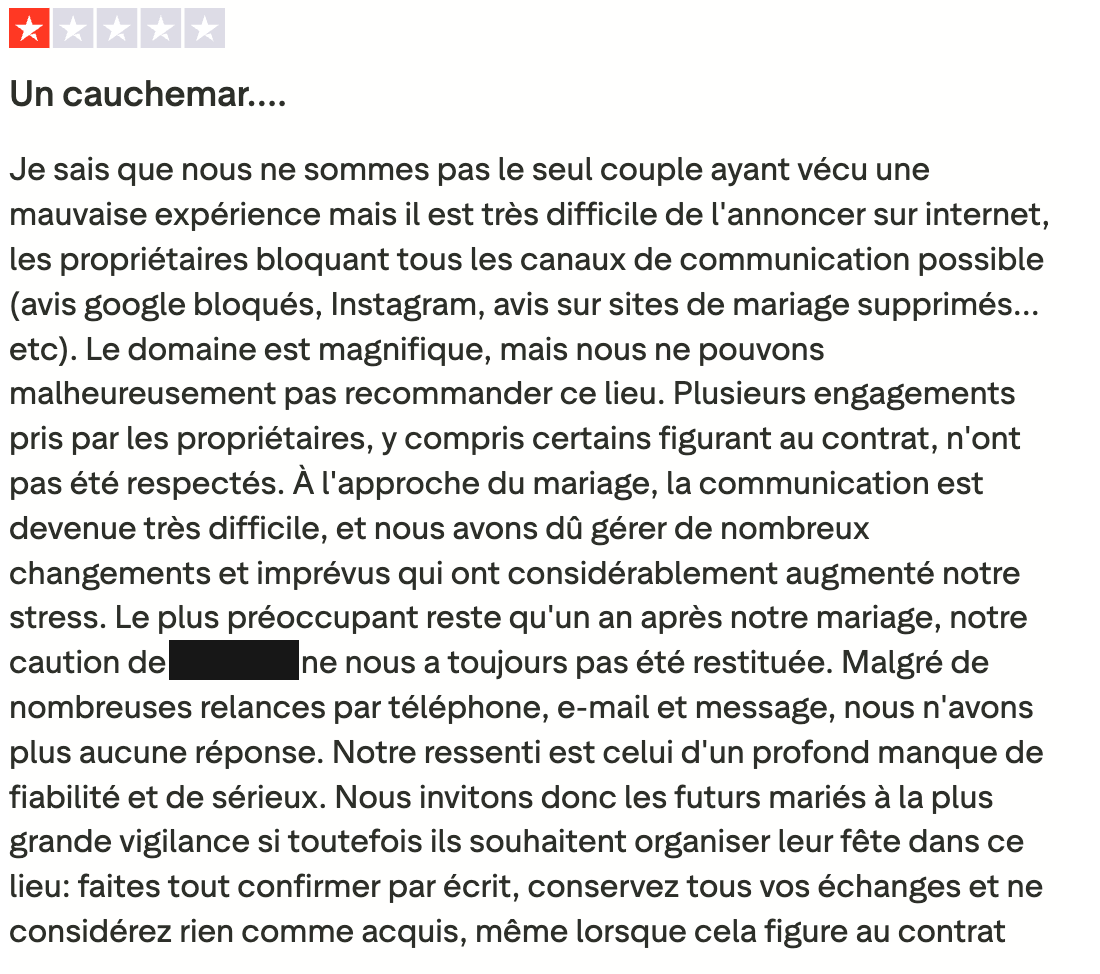 Udsnit af den oprindelige énstjernede Trustpilot-anmeldelse, på fransk, med titlen »Un cauchemar…«. Oplysninger om anmelderen og depositummets størrelse er dækket til. De vigtigste passager er skrevet af under billedet.
